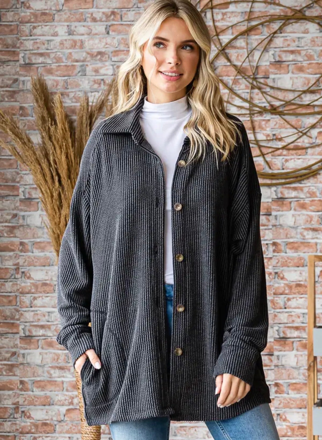 Rib Button Down Long Sleeve Shacket