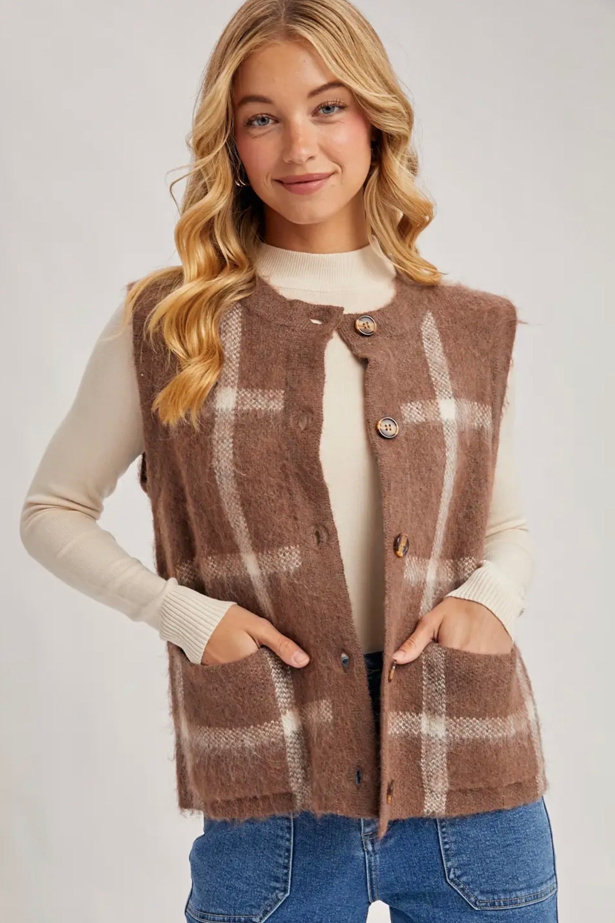 Plaid Fuzzy Knit Sweater Vest