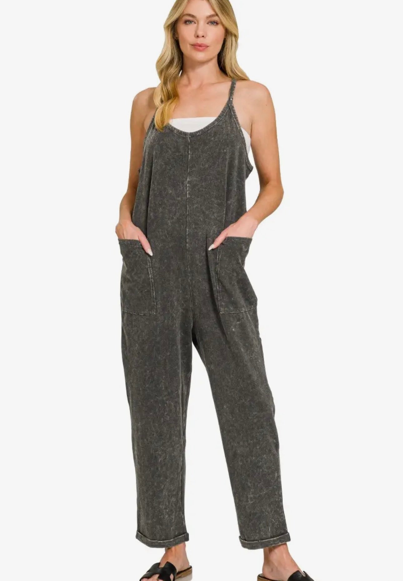 Washed Spaghetti Straps Overalls with Pockets