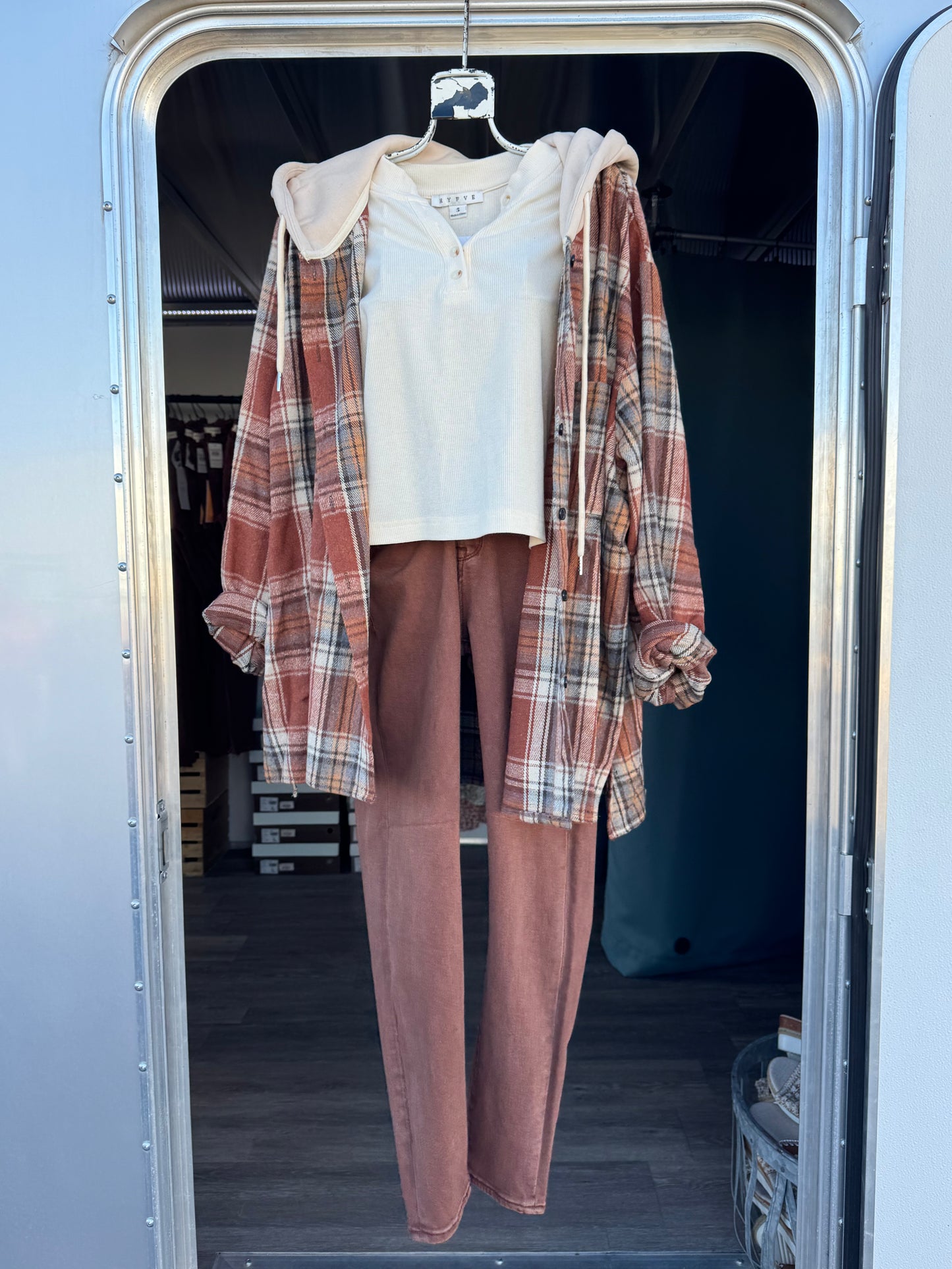 Cognac Plaid Super Soft Hooded Shacket