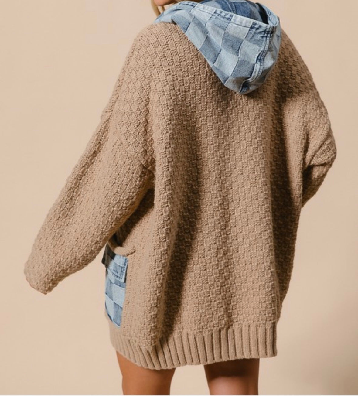 Checker Denim Oversized Sweater Cardigan Zip Up