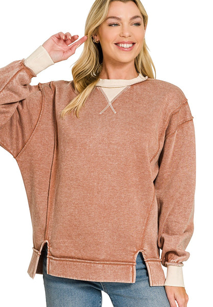 Fall Acid Washed Contrast Trim Sweatshirt
