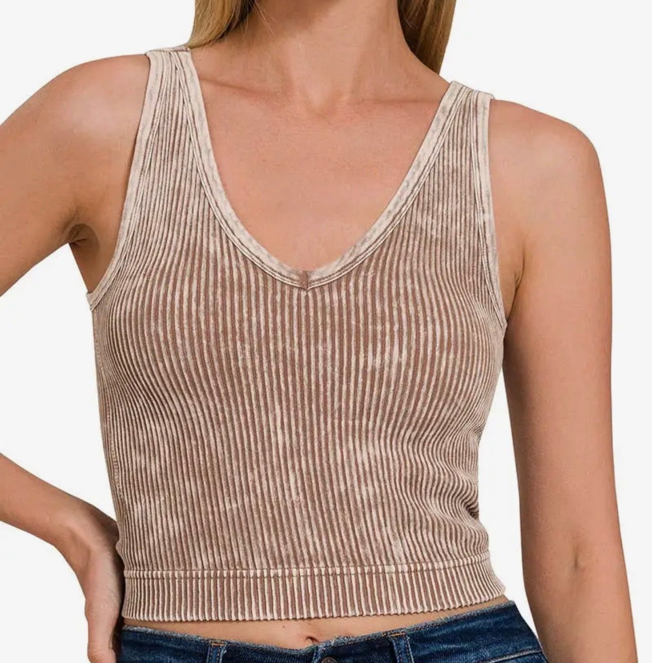 Washed Ribbed Padded V-Neck Top