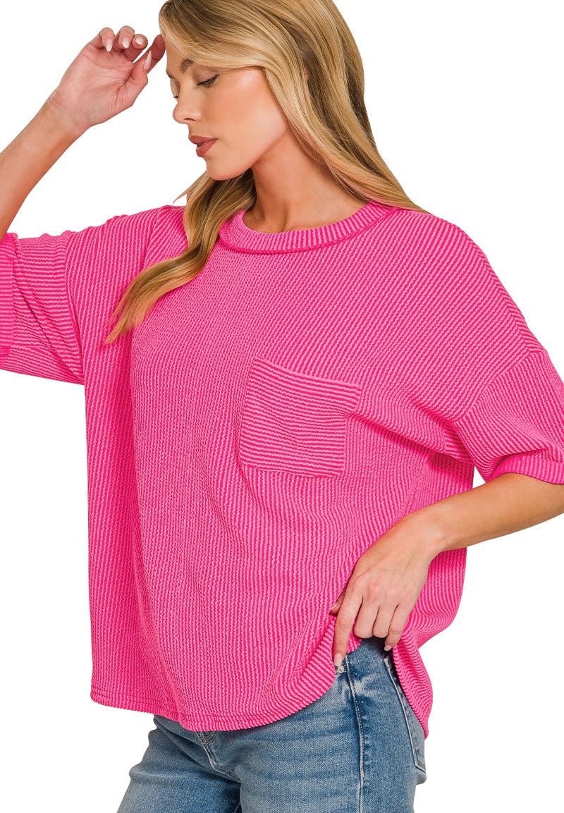 Raised Rib Short Sleeve Pocket Top