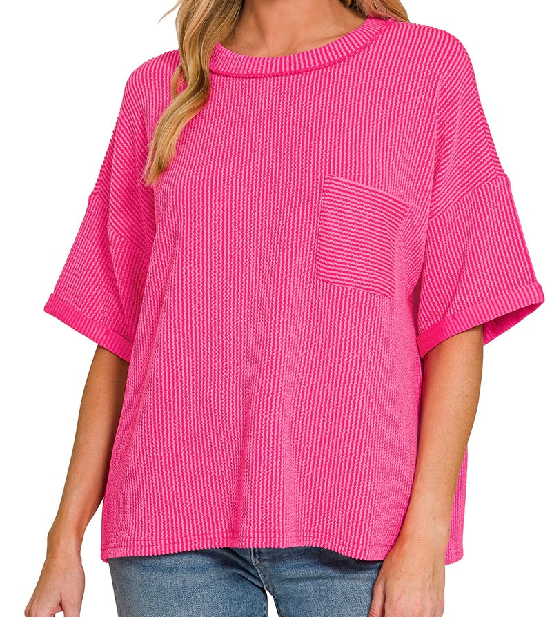 Raised Rib Short Sleeve Pocket Top
