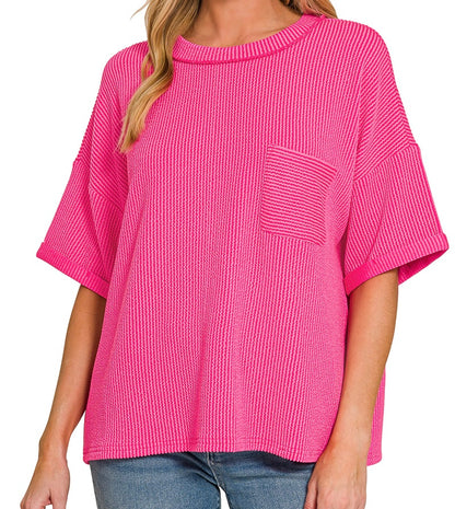 Raised Rib Short Sleeve Pocket Top