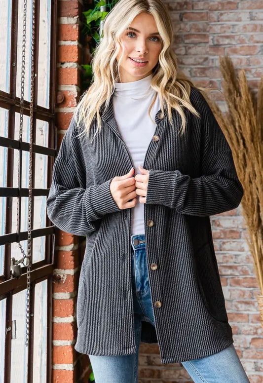 Rib Button Down Long Sleeve Shacket