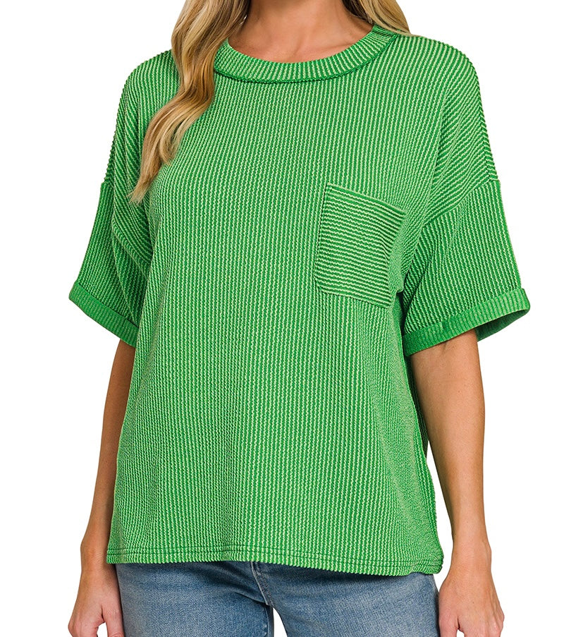 Raised Rib Short Sleeve Pocket Top