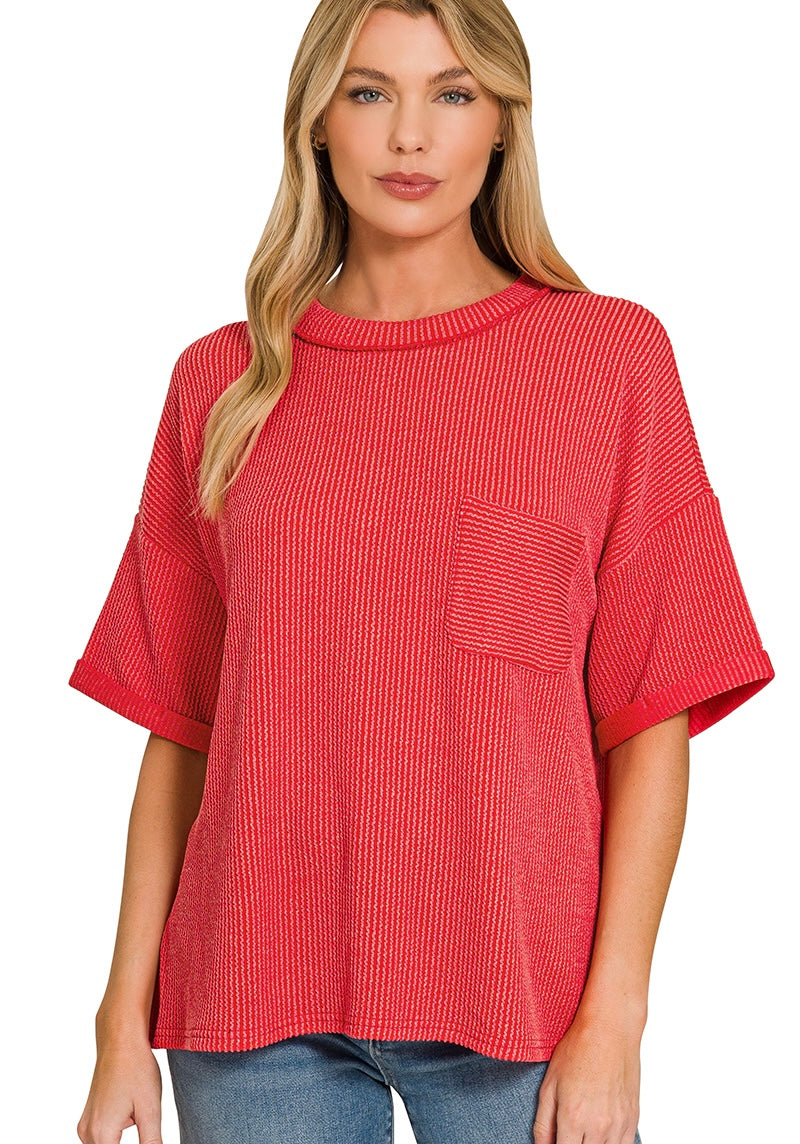 Raised Rib Short Sleeve Pocket Top