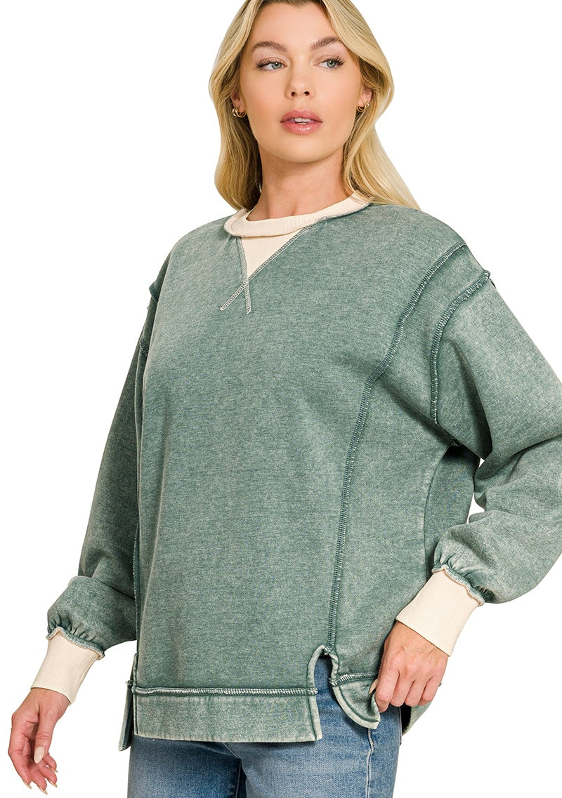 Fall Acid Washed Contrast Trim Sweatshirt