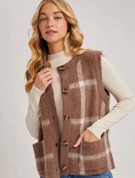 Plaid Fuzzy Knit Sweater Vest