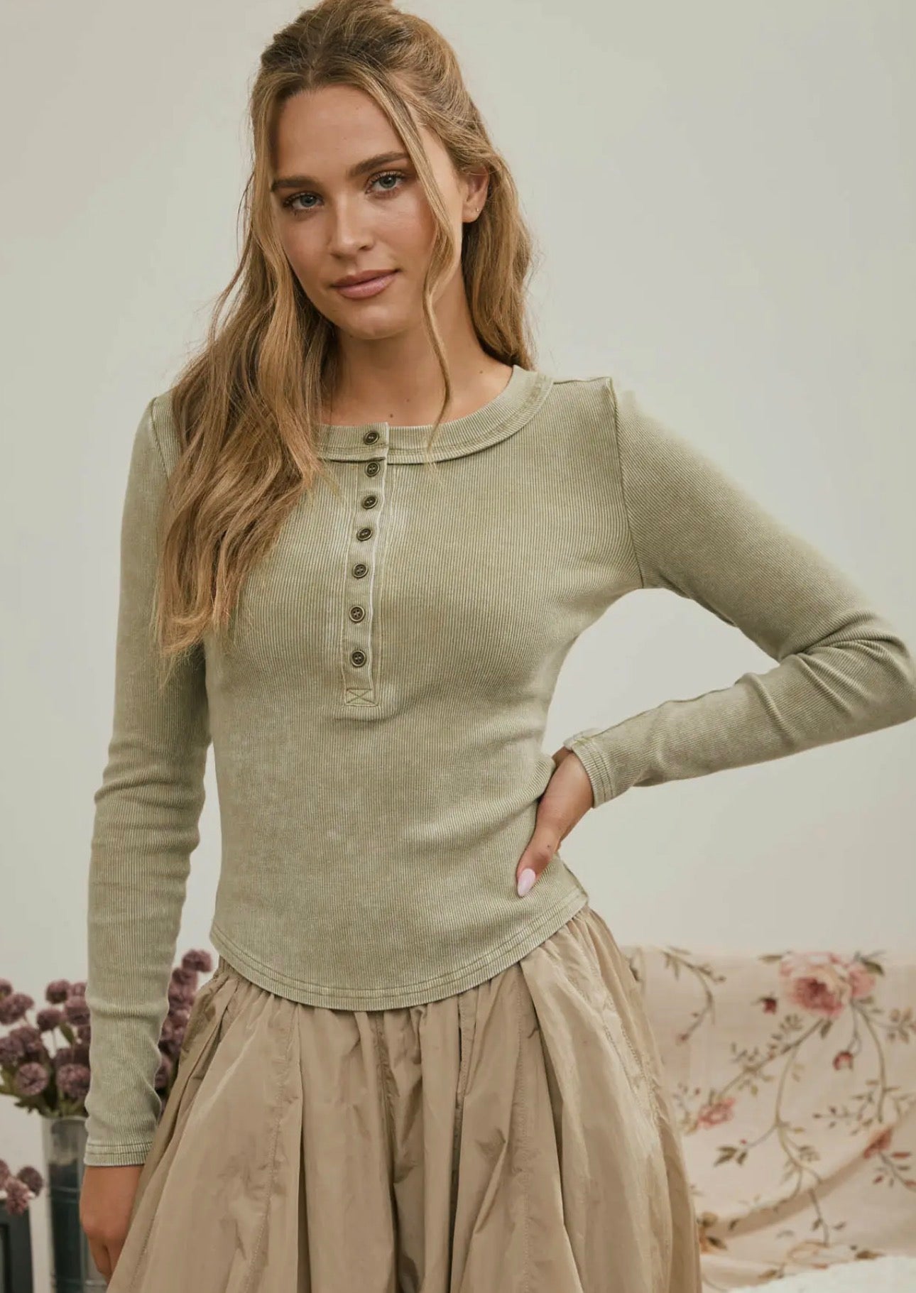 Washed Ribbed Long Sleeve Top