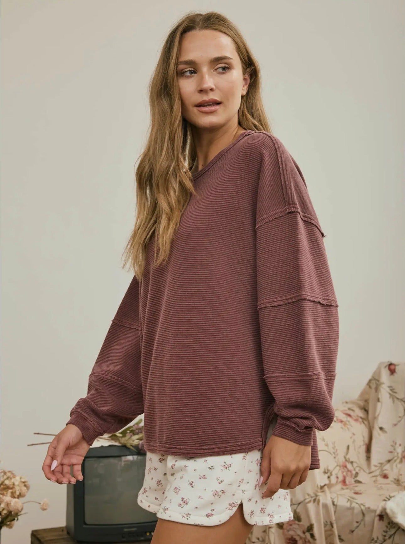 Exposed Seam Long Sleeve Knit Top
