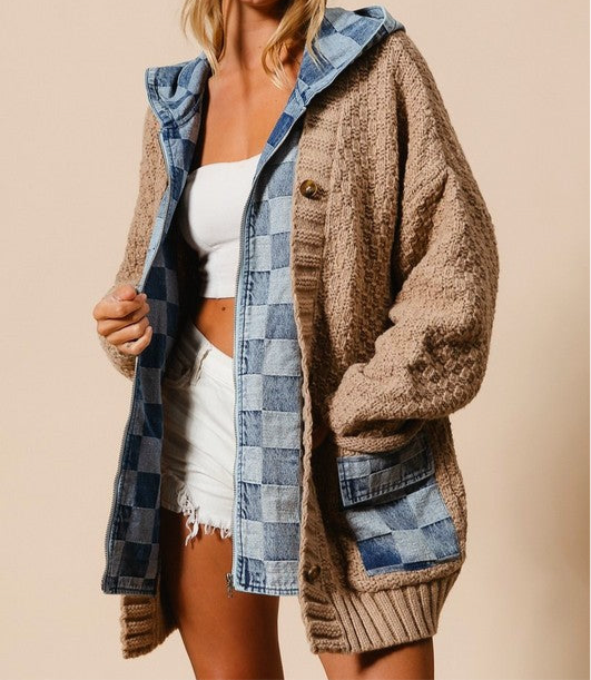 Checker Denim Oversized Sweater Cardigan Zip Up