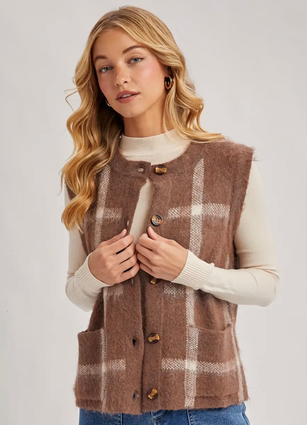 Plaid Fuzzy Knit Sweater Vest