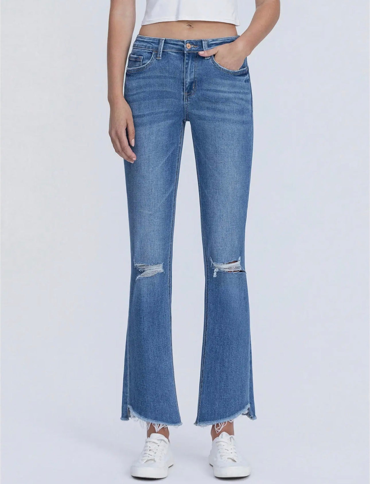 Mid Rise Raw Hem Kick Flare Jeans