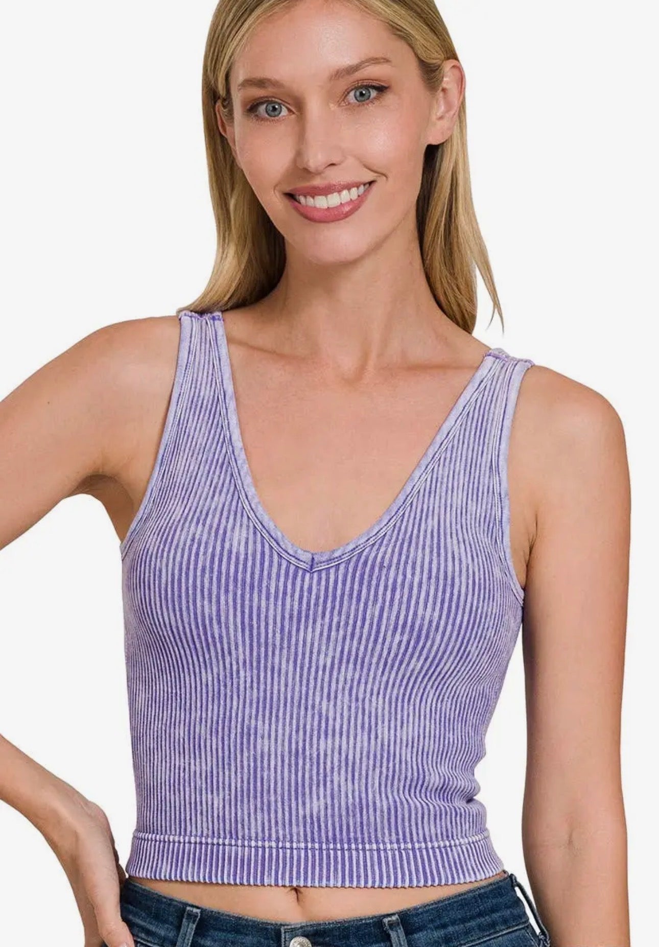 Washed Ribbed Padded V-Neck Top