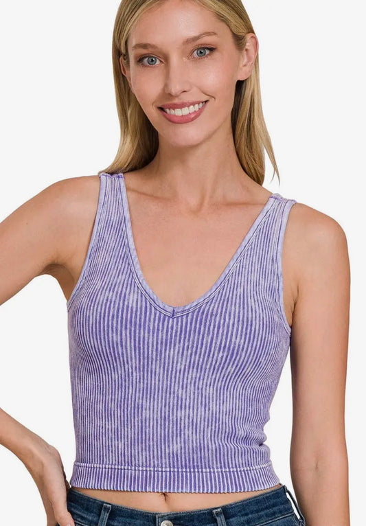 Washed Ribbed Padded V-Neck Top