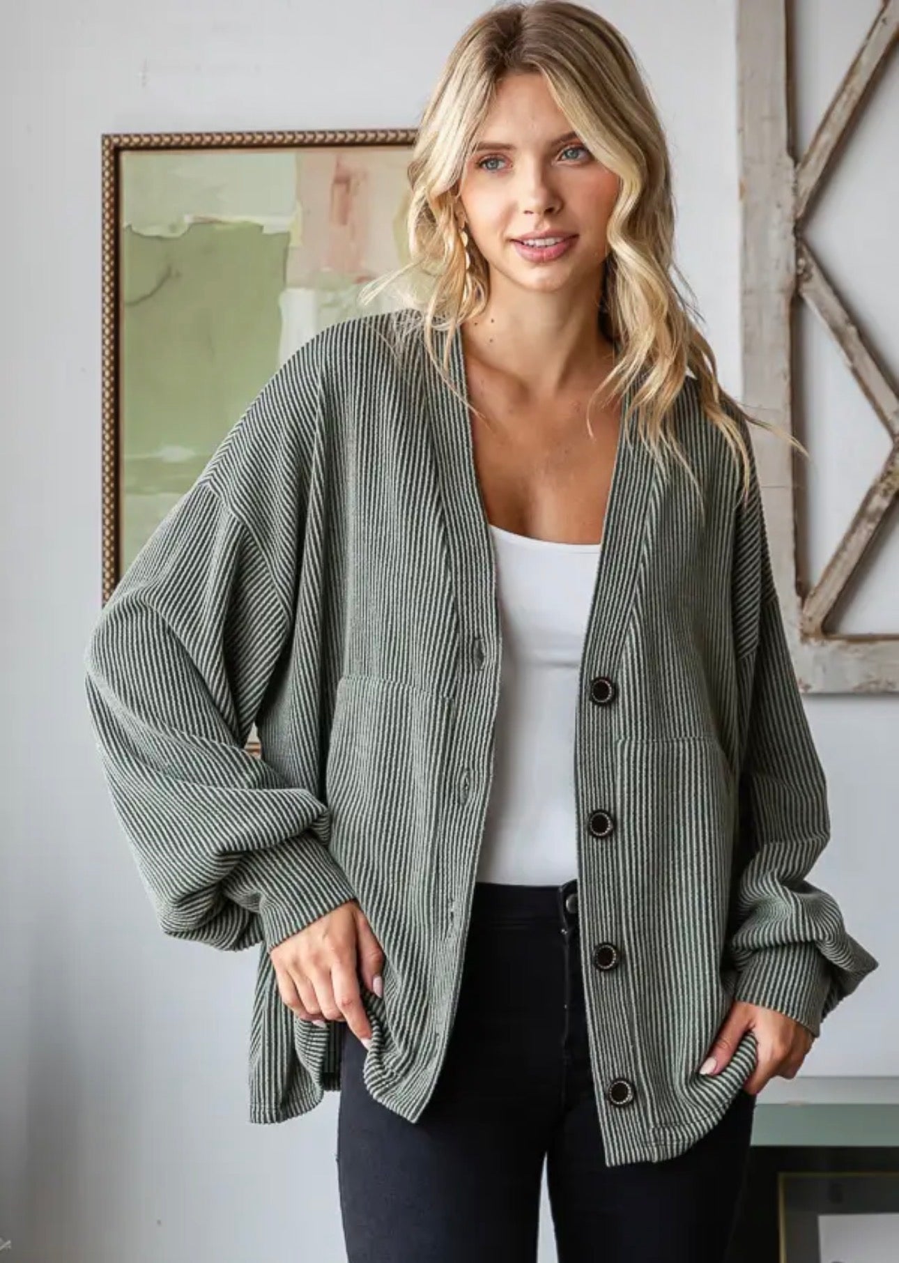 Rib Button Balloon Sleeve Cardigan