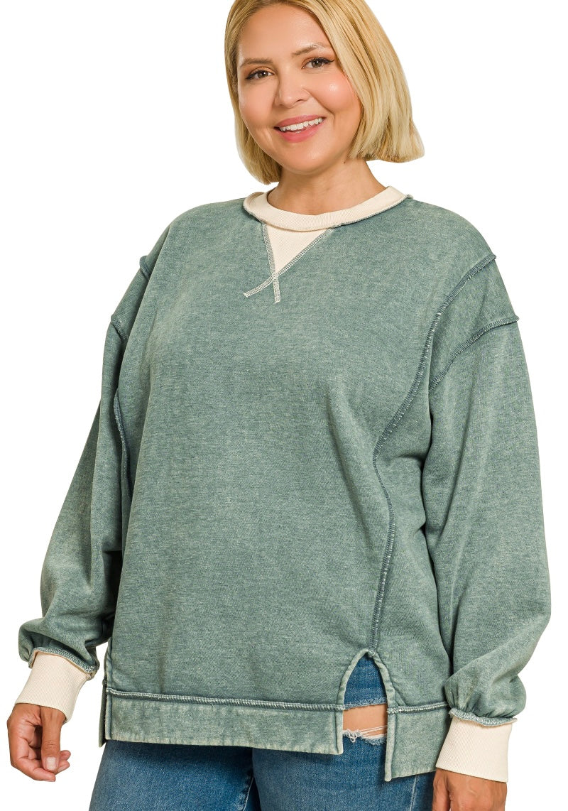 Fall Acid Washed Contrast Trim Sweatshirt