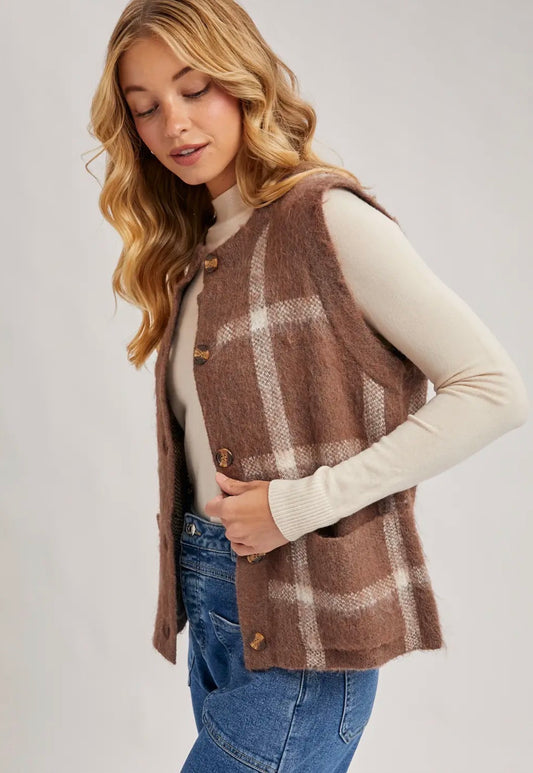Plaid Fuzzy Knit Sweater Vest