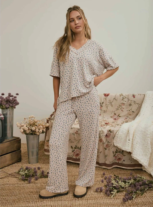 Ditsy Floral Ribbed Set Khaki Multi