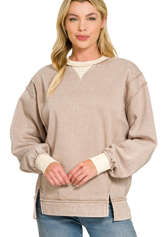 Fall Acid Washed Contrast Trim Sweatshirt