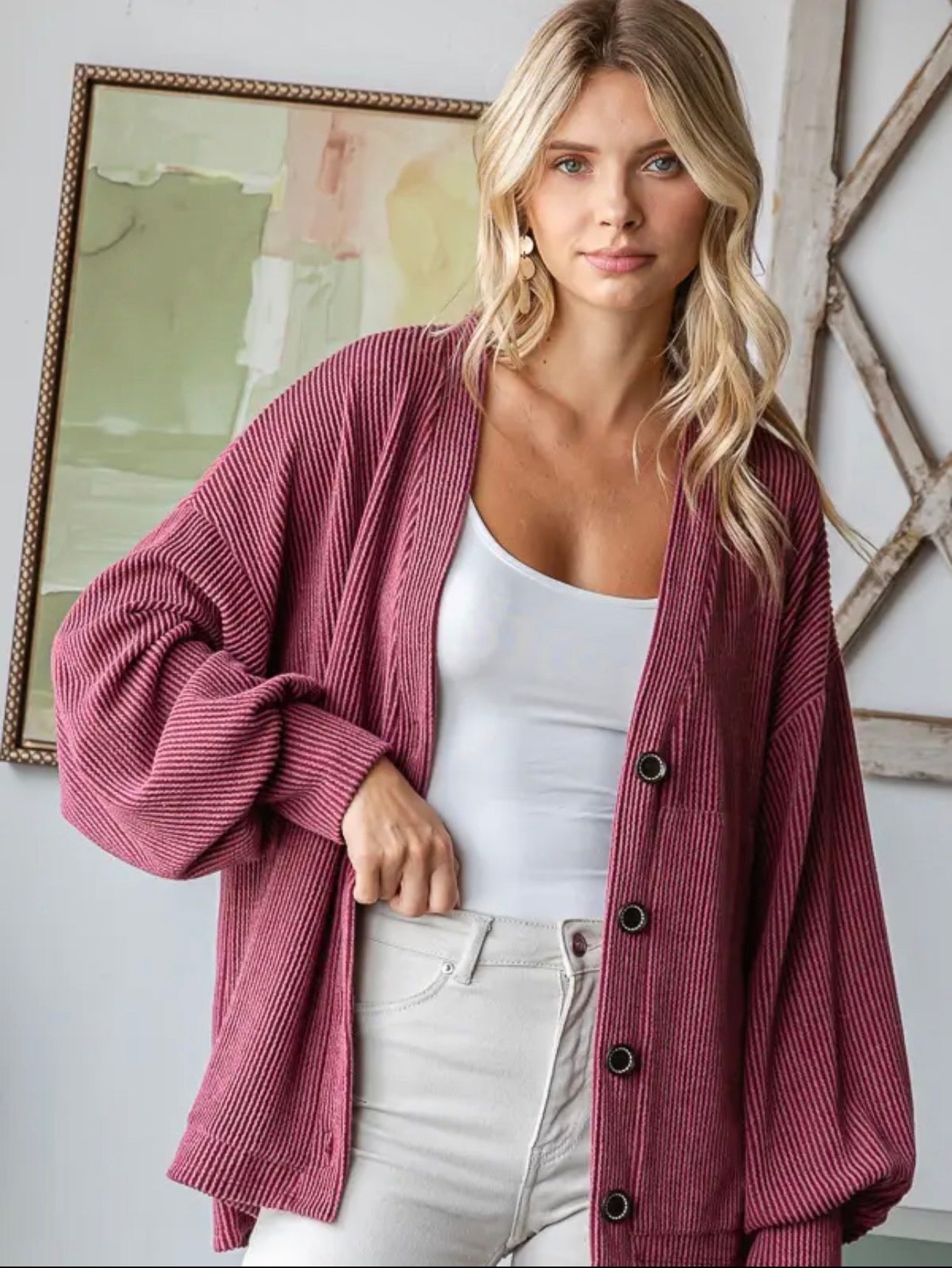 Rib Button Balloon Sleeve Cardigan