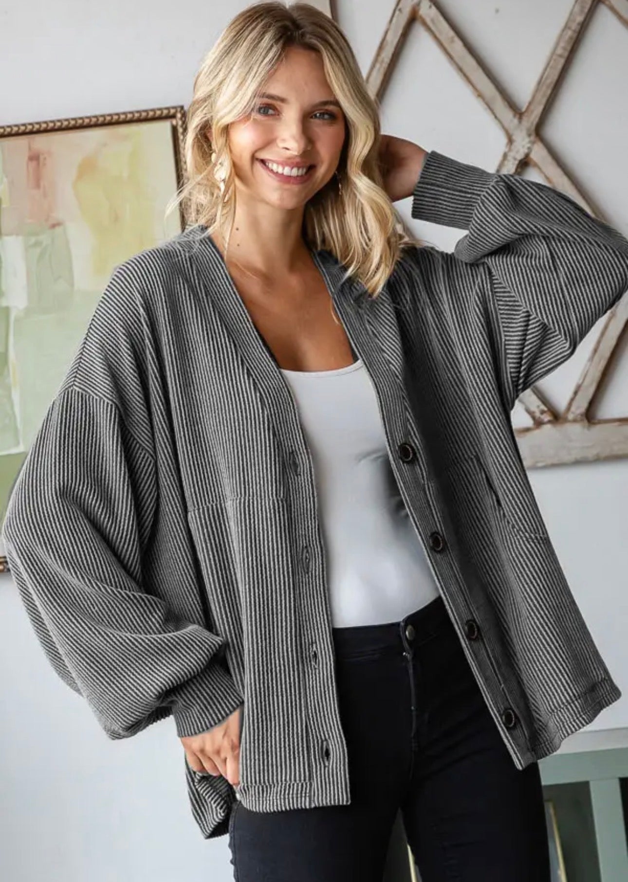 Rib Button Balloon Sleeve Cardigan