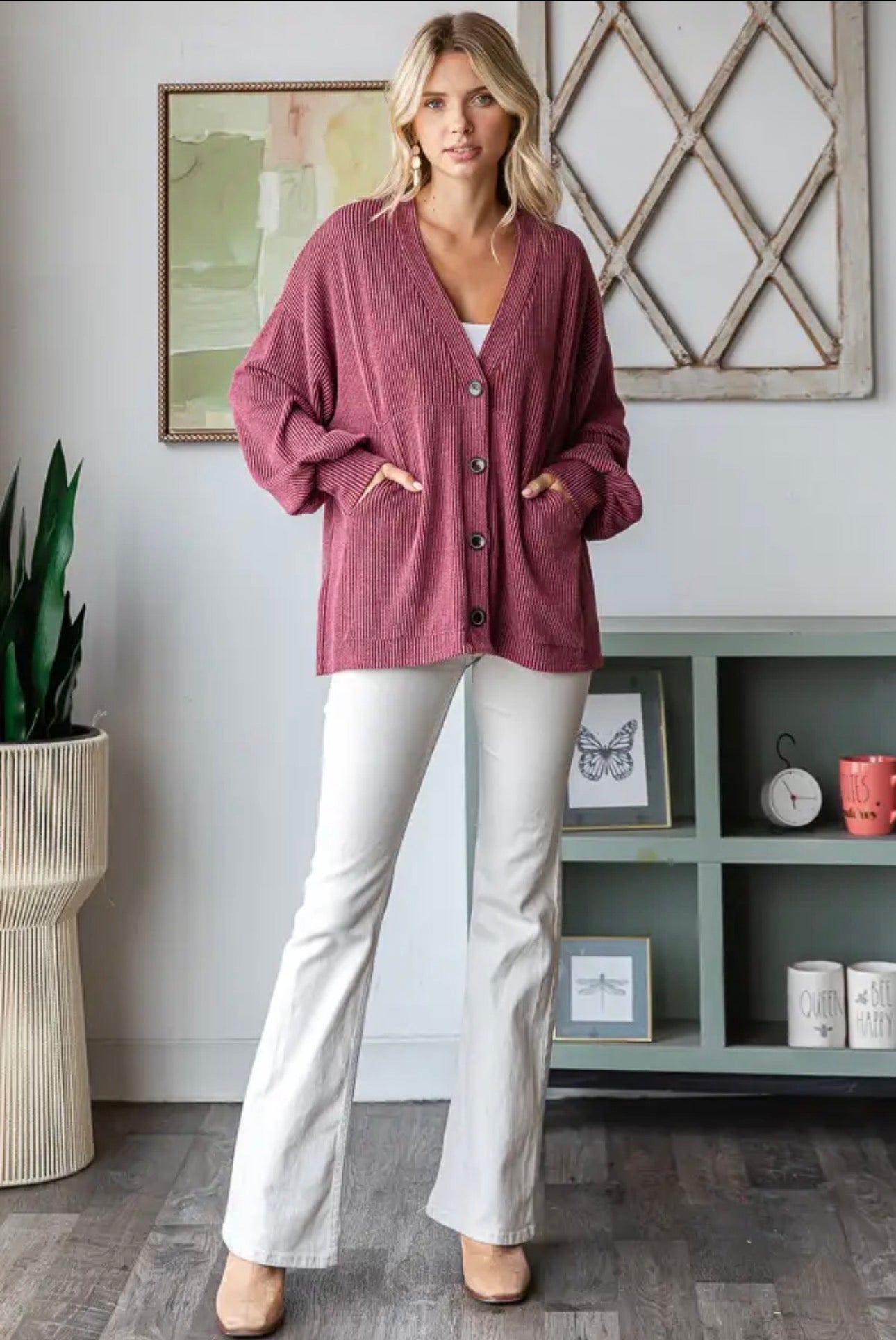 Rib Button Balloon Sleeve Cardigan