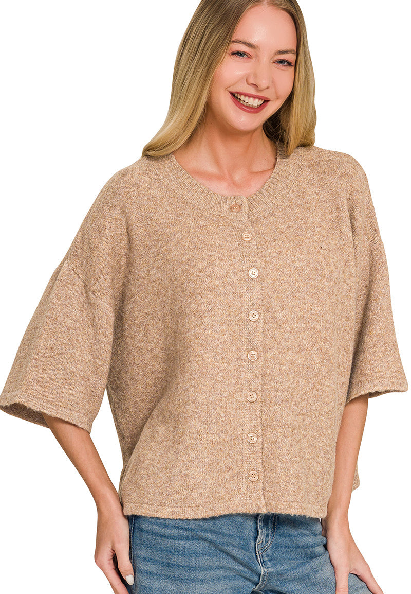 Henley Half Sleeve Cardigan Sweater