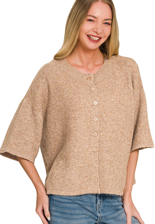 Henley Half Sleeve Cardigan Sweater