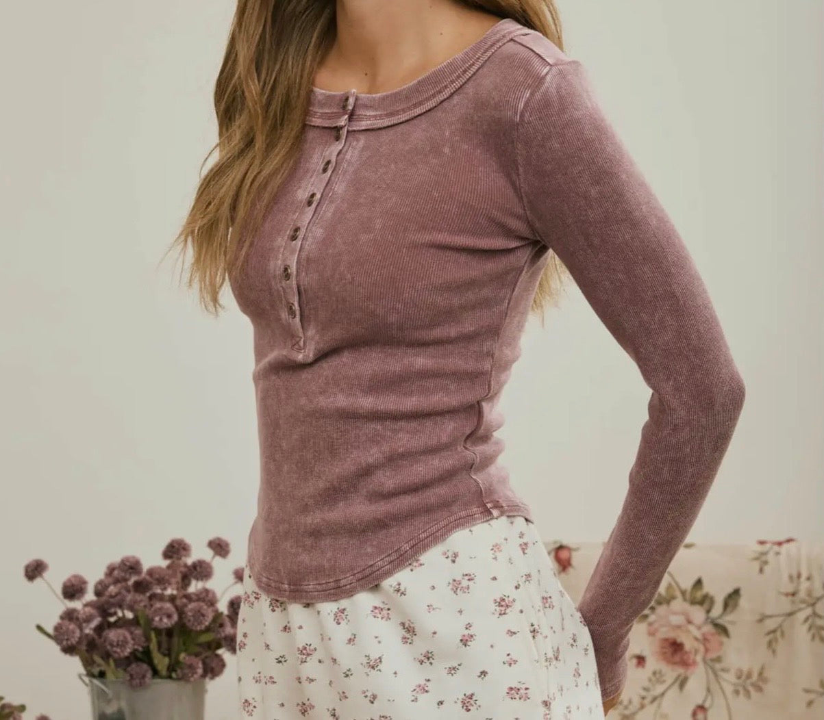 Washed Ribbed Long Sleeve Top