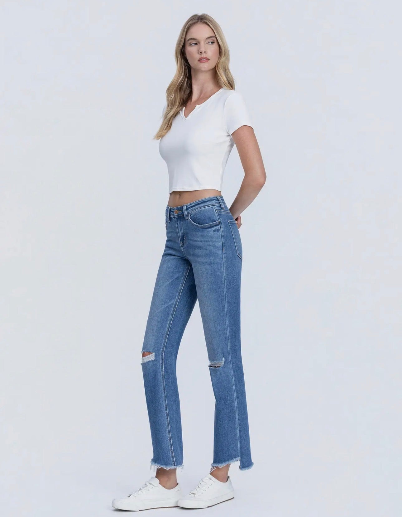 Mid Rise Raw Hem Kick Flare Jeans