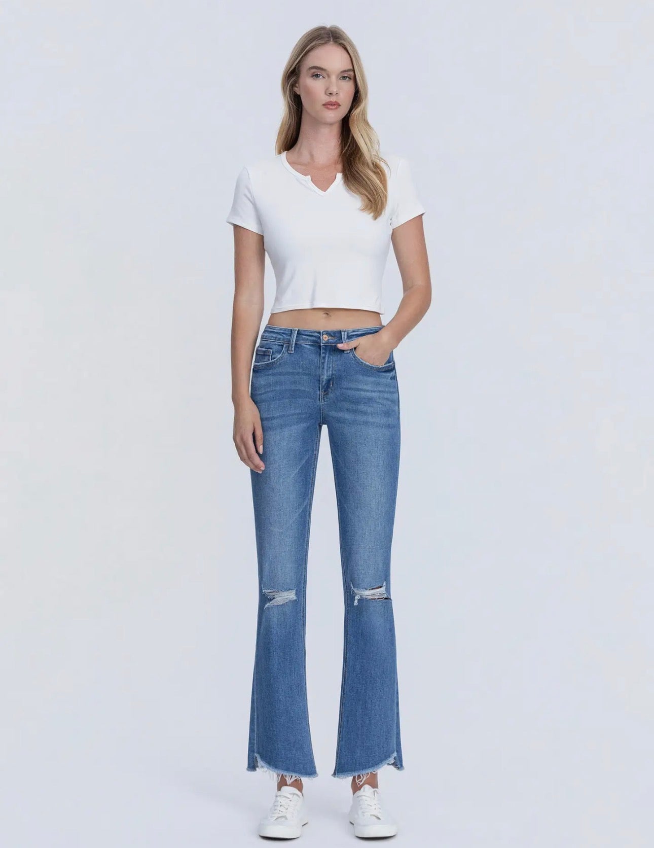 Mid Rise Raw Hem Kick Flare Jeans