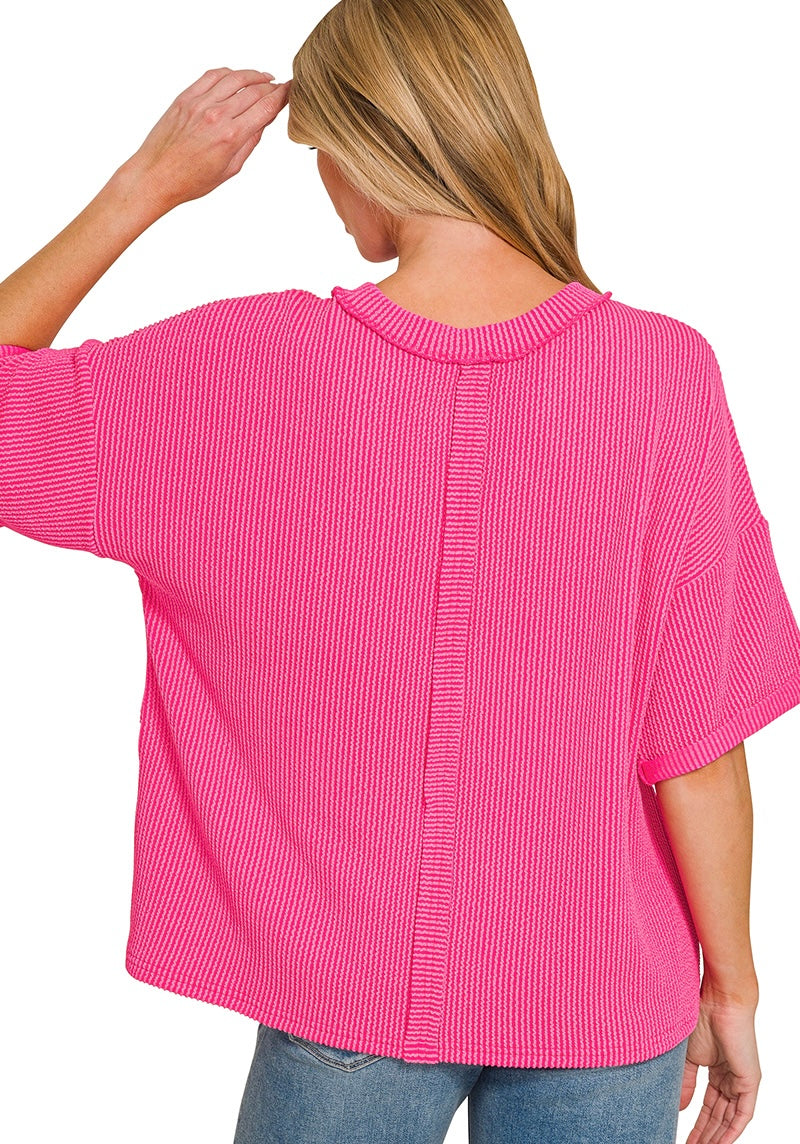 Raised Rib Short Sleeve Pocket Top