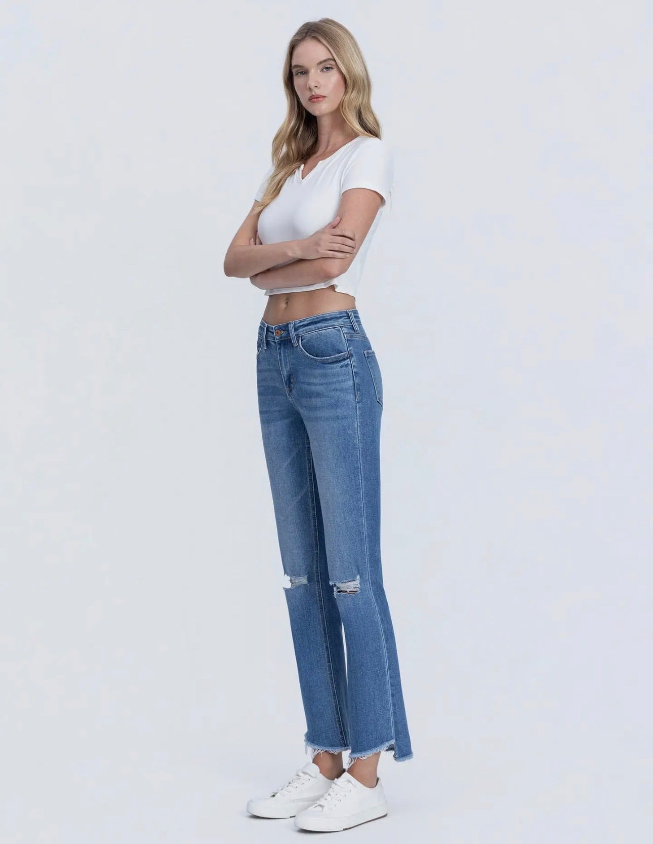 Mid Rise Raw Hem Kick Flare Jeans