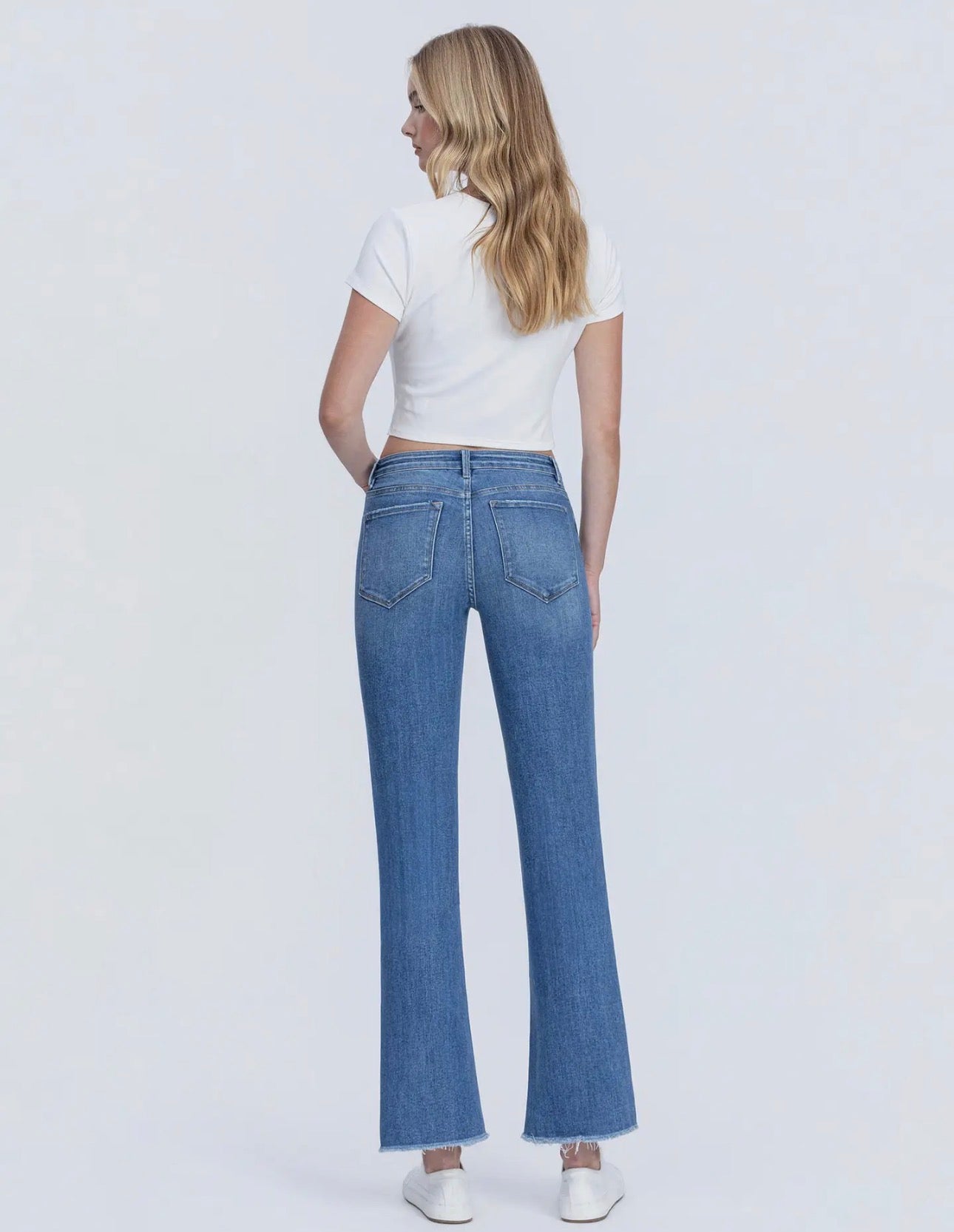 Mid Rise Raw Hem Kick Flare Jeans