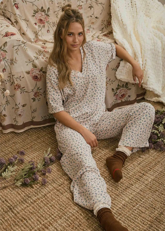 Ditsy Floral Ribbed Set Khaki Multi
