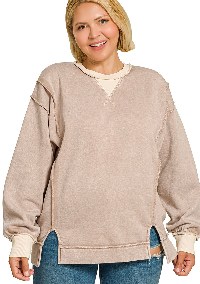 Fall Acid Washed Contrast Trim Sweatshirt
