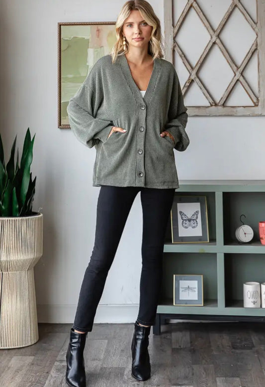 Rib Button Balloon Sleeve Cardigan