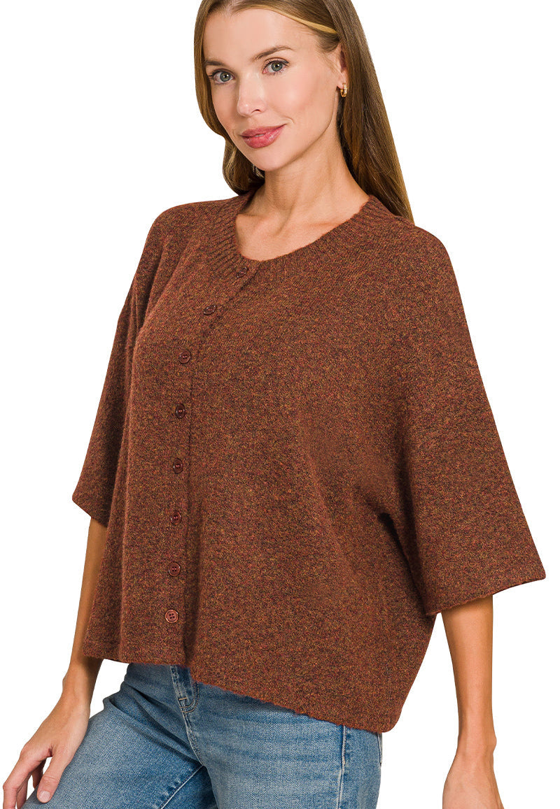 Henley Half Sleeve Cardigan Sweater