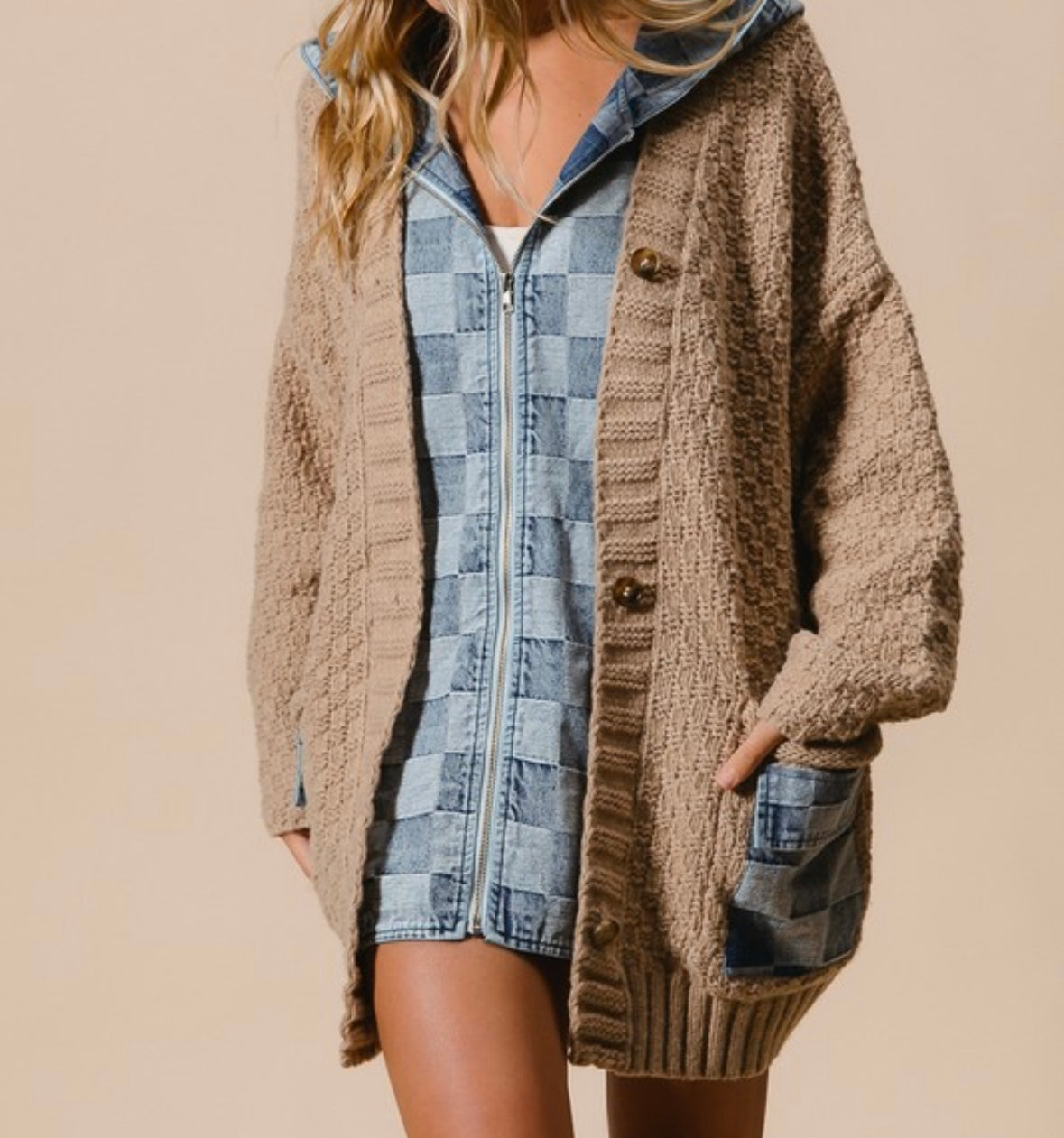 Checker Denim Oversized Sweater Cardigan Zip Up